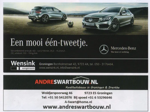 the elegant Wensink advertisement highlighting the slogan 'Een mooi één-tweetje' and the Mercedes branding from FC Groningen matchday programme 2015