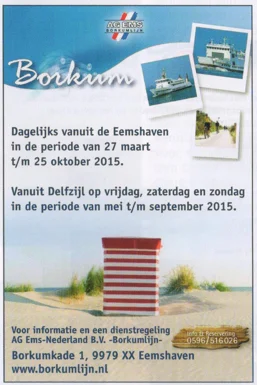 "Borkumlijn" advertisement featuring the passenger ferry sailing at sea and the AG Ems logo 2015