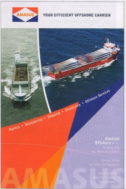 "Amasus Offshore" advertisement showcasing the massive cargo vessel and corporate branding