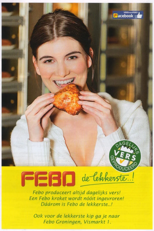 bright yellow FEBO advertisement featuring the girl eating a croquette and the Vismarkt 1 address from FC Groningen matchday programme 2015