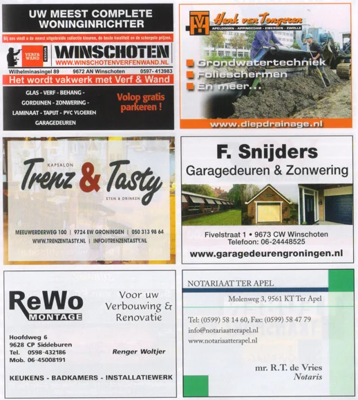 collage of regional advertisements including Winschoten Verf & Wand, ReWo Montage from Siddeburen, and Notariaat Ter Apel from FC Groningem matchday programme 2015