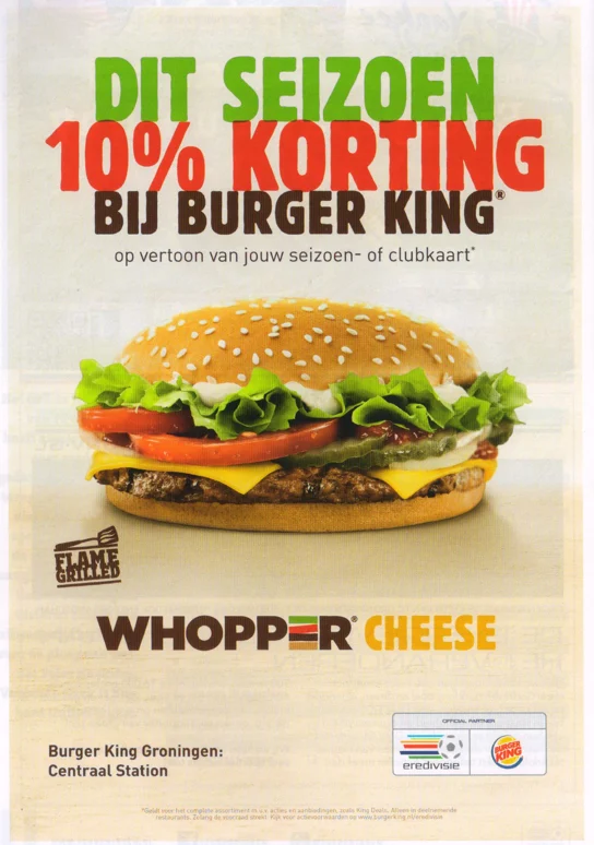 Burger King advertisement highlighting the 10% discount offer for season club card holders
Groningen 2015