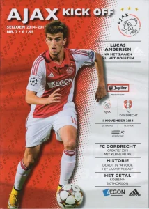 scan matchday programme (programmaboekje) 01.11.2014 | Ajax — Dordrecht (NL Eredivisie 2014/15) Lucas Andersen on cover.