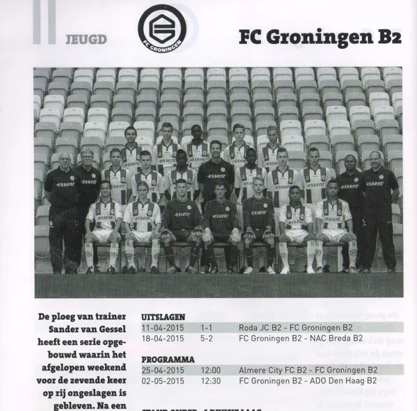  photo of the FC Groningen B2 squad and the accompanying text detailing their 7-match unbeaten streak under Sander van Gessel