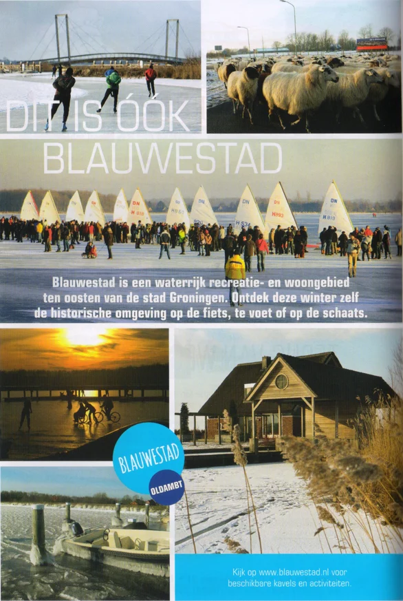 'DIT IS OOK BLAUWESTAD' full-page advertisement from FC Groningen matchday programme, capturing the contrast between the traditional ice skaters, the sheep, and the modern waterfront villa