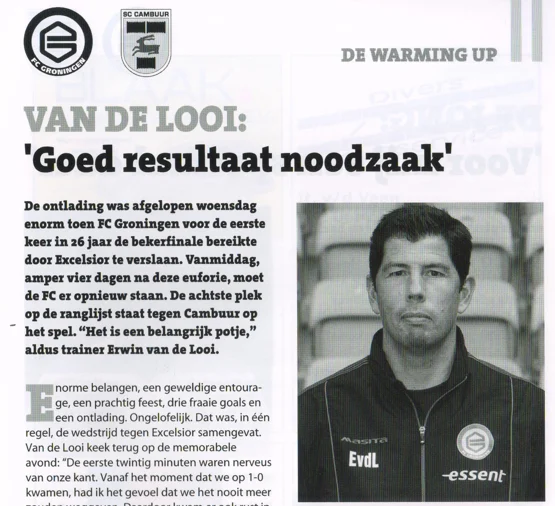  the column 'De Warming Up' featuring the portrait of Erwin van de Looi and the bold headline 'Goed resultaat noodzaak'