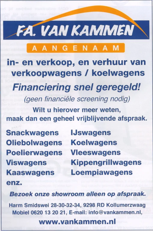 advertisement for 'FA. VAN KAMMEN', specifically highlighting the bold list of trailers: Snackwagens, Oliebolwagens, Viswagens, IJswagens, Kaaswagens
