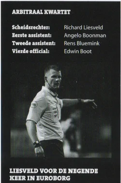 portrait of referee Richard Liesveld in his KNVB uniform, along with the bold header LIESVELD VOOR DE NEGENDE KEER IN EUROBORG' from Groningen Cambuur 2015 programme.
