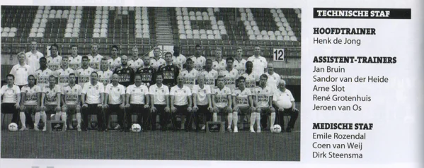 Photo of the team and staff of SC Cambuur with Henk de Jong, Jan Bruin, Sandor van der Heide,  Arne Slot, Rene Grotenhuis, Jeroen van Os from Groningen Cambuur matchday programme.
