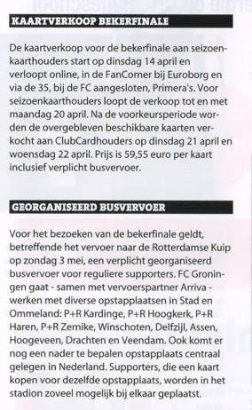 'KAARTVERKOOP BEKERFINALE' and 'GEORGANISEERD BUSVERVOER' text blocks from Groningen Cambuur 12.04.2015 matchday programme.