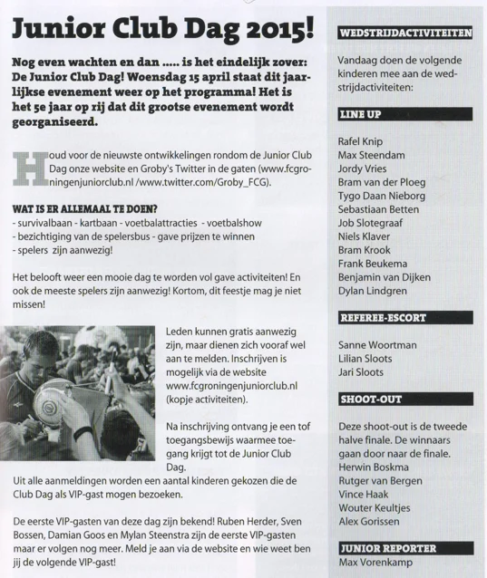 the crop of the article about Junior Club Dag 2015 from Groningen Cambuur 12.04.2015 matchday programme.