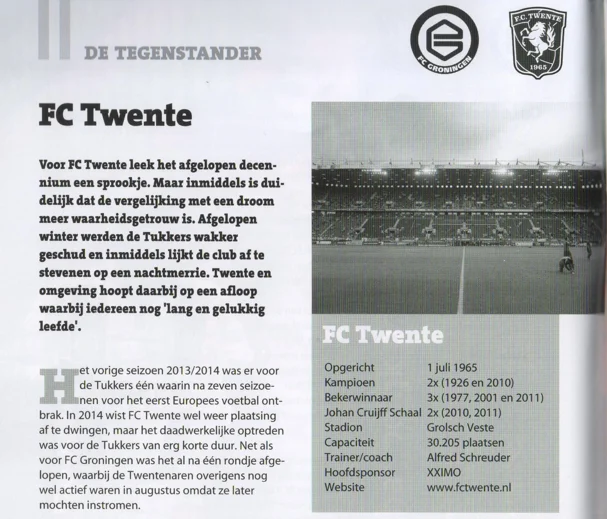 FC Twente header block on page 2, including the text and the photo of the stadium from Groningen Twente matchday programme 2015