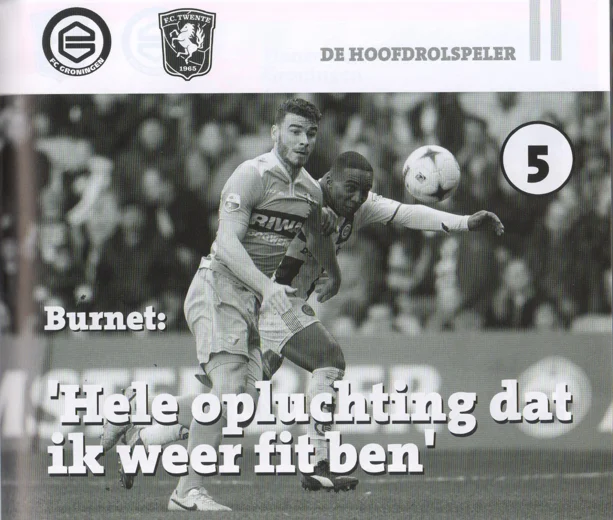 action shot of Lorenzo Burnet (number 5) shielding the ball from a PEC Zwolle player from page 13 of Groningen Twente 2015 programmaboekje