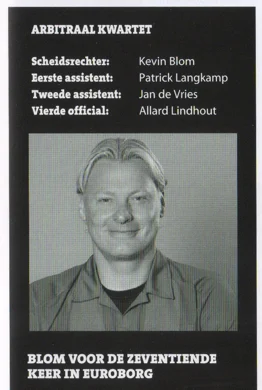 portrait photo of referee Kevin Blom from the 'Wedstrijdfeiten' page of Groningen Twente 2015 programma