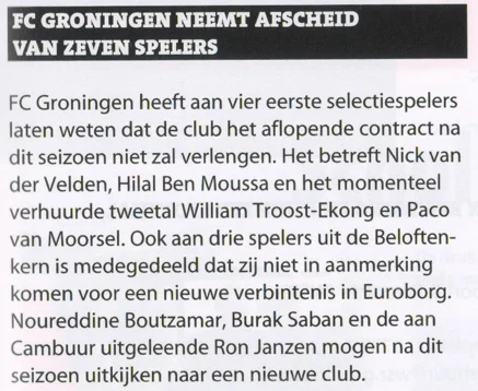 FC GRONINGEN NEEMT AFSCHEID VAN ZEVEN SPELERS