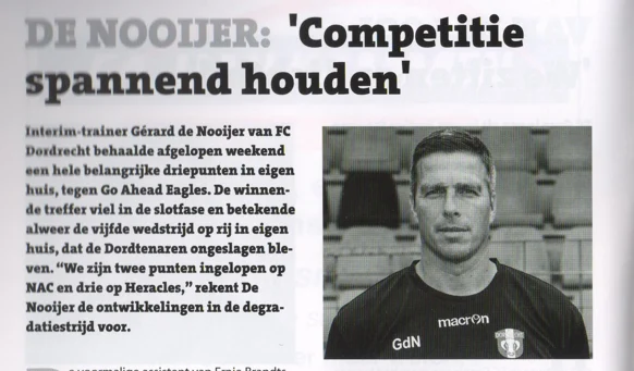 black-and-white portrait photo of FC Dordrecht interim manager Gérard de Nooijer. Groningen Dordrechtb 2015 programma