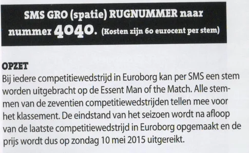 instruction box reading SMS GRO (spatie) RUGNUMMER naar nummer 4040.
