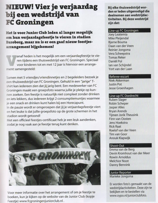 FC Groningen Junior Club March 2015. From Groningen Dordrecht matchday programme.