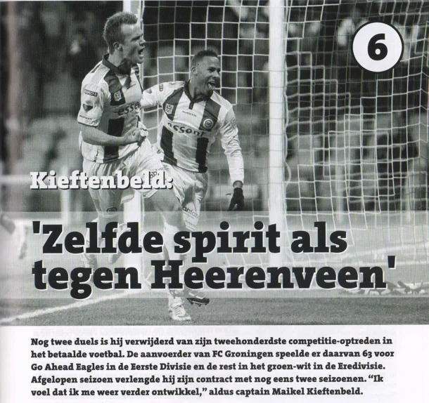 large action photo of Maikel Kieftenbeld (wearing number 6, screaming with passion) along with the headline 'Zelfde spirit als tegen Heerenveen' from Groningen ADO Den Haag programmaboekje