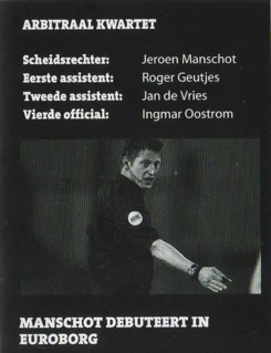  the portrait photo of referee Jeroen Manschot alongside the text block titled 'MANSCHOT DEBUTEERT IN EUROBORG' from Groningen ADO Den Haag 2015 pogramme.