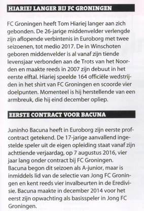the 'NIEUWS' column highlighting the 'EERSTE CONTRACT VOOR BACUNA' and 'HIARIEJ LANGER BIJ FC GRONINGEN' sections from Groningen ADO Den Haag 2015 programmaboekje
