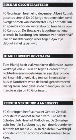 two news blocks : 'RUSNAK GECONTRACTEERD' and 'ZEEFUIK VERHUURD AAN HEARTS'