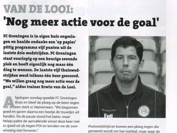 headline "VAN DE LOOI: 'Nog meer actie voor de goal'" alongside the portrait photo of Erwin van de Looi 