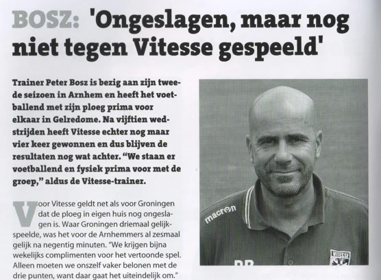 headline 'BOSZ: Ongeslagen, maar nog niet tegen Vitesse gespeeld' and the black-and-white portrait of Peter Bosz in his Macron Vitesse jacket.