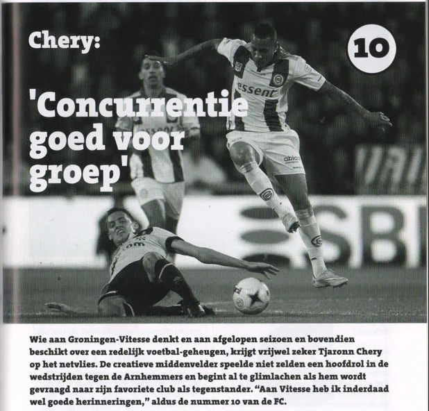 the large action photograph of Tjaronn Chery on page 13 Groningen Vitesse 2014/15 programma, alongside the headline 'Concurrentie goed voor groep'