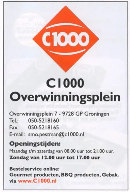 the bright orange 'C1000' logo for the 'C1000 Overwinningsplein' supermarket