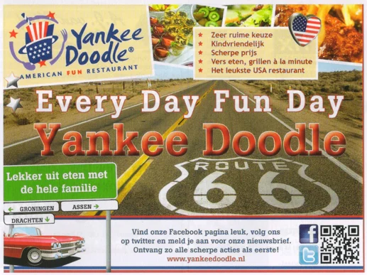 advertisement for 'Yankee Doodle', the Route 66 logo, the red classic car, and the text 'American Fun Restaurant'