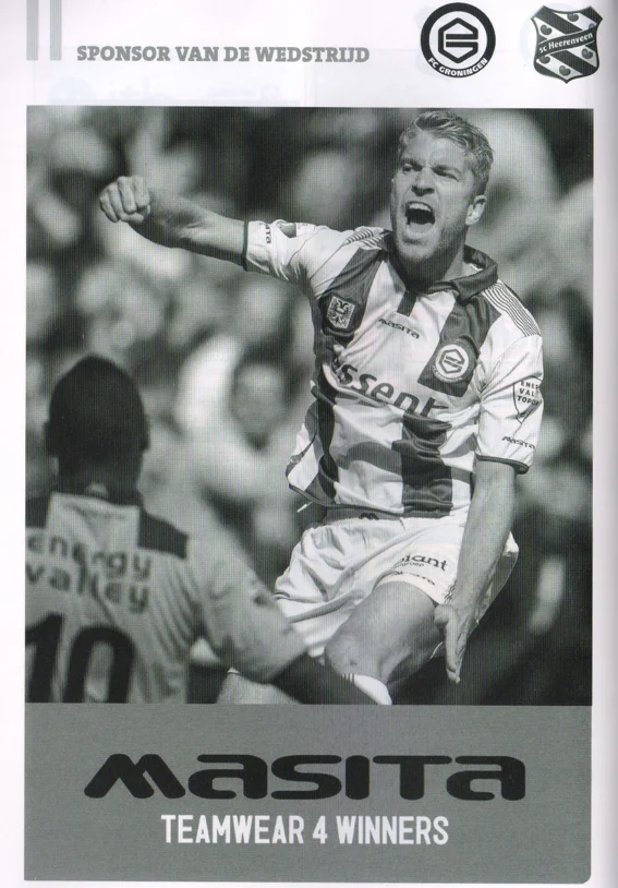 black-and-white image of Michael de Leeuw celebrating and the 'MASITA TEAMWEAR 4 WINNERS' logo at the bottom