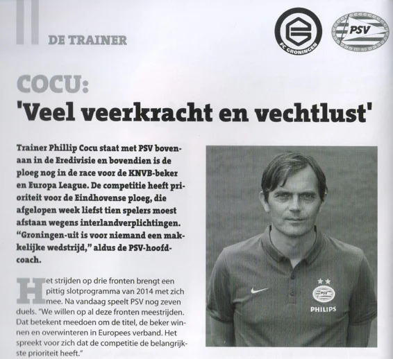COCU: 'Veel veerkracht en vechtlust'" and the portrait of Phillip Cocu in his PSV polo shirt.
