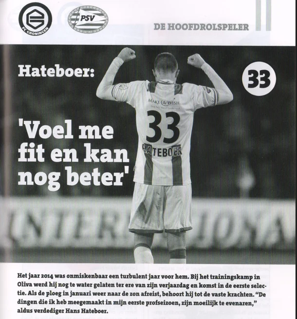 photograph on page 13 showing Hans Hateboer from behind, raising his arms in celebration