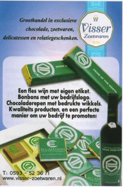 'Visser Zoetwaren' advertisement
the green chocolates printed with the FC Groningen 'E' logo and the text 'Bonbons met uw bedrijfslogo'