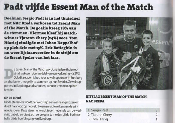goalkeeper Sergio Padt smiling alongside the two young mascots, with the 'Essent' logo visible in the background