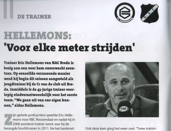 'Voor elke meter strijden' and the portrait photo of Eric Hellemons holding a FOX microphone.