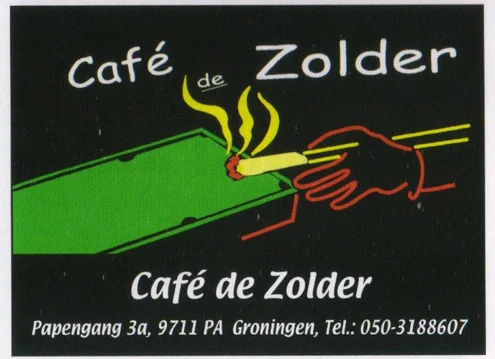 Café de Zolder advertisement, red hand holding the yellow, smoking/burning pool cue over the green table.