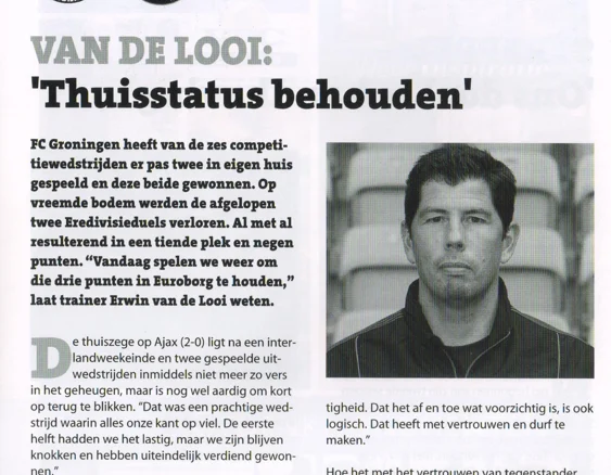 headline VAN DE LOOI: 'Thuisstatus behouden' and the portrait photo of Erwin van de Looi
