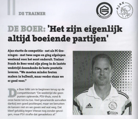 DE BOER: 'Het zijn eigenlijk altijd boeiende partijen' and the black-and-white portrait of Frank de Boer wearing an Adidas Ajax jacket.
