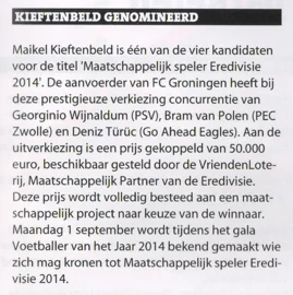 Maikel Kieftenbeld Social Player of the Year nomination scan from FC Groningen matchday programme 2014
