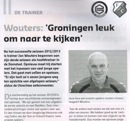 an Wouters column page scan from FC Groningen vs FC Utrecht programme 2013
