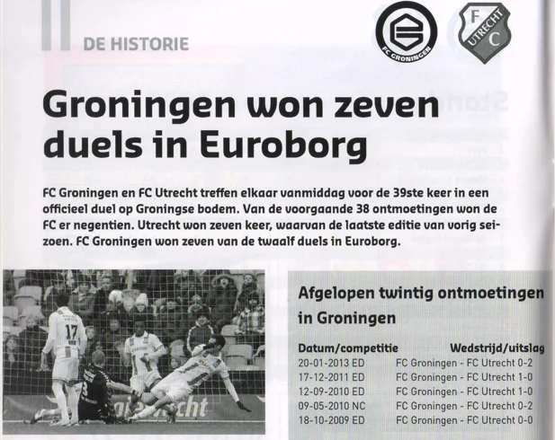 Historical match statistics page scan from FC Groningen vs FC Utrecht programme 2013