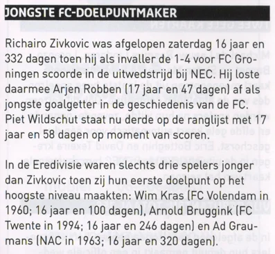 Richairo Zivkovic youngest goalscorer record text scan from FC Groningen programme 2013