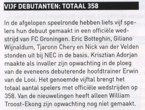 Five debutants text block scan mentioning Troost-Ekong from FC Groningen programme 2013