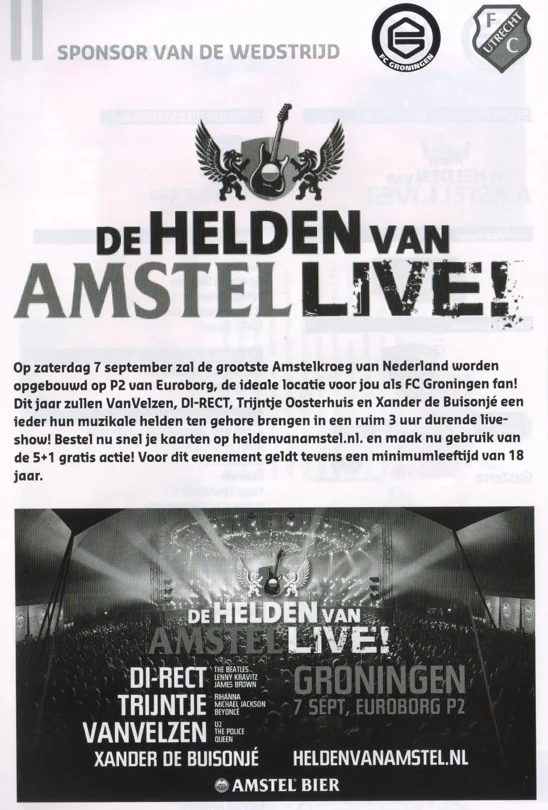 De Helden van Amstel Live concert advertisement scan from FC Groningen programme 2013