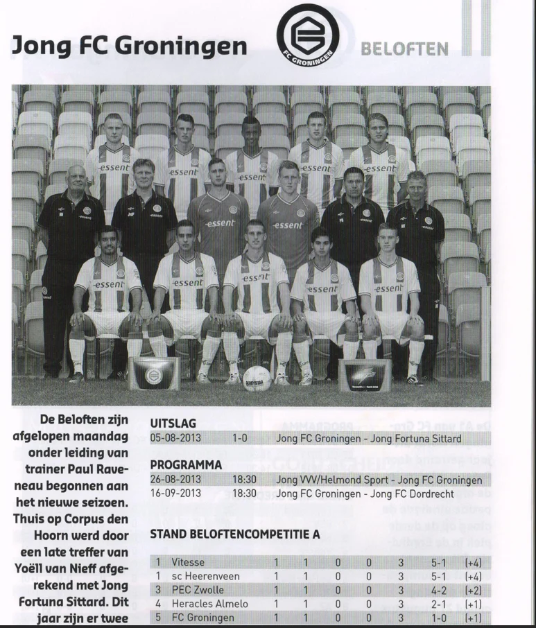 Jong FC Groningen match report scan mentioning Yoell van Nieff from 2013 programme