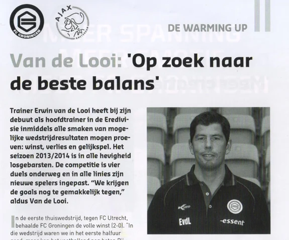 Erwin van de Looi manager column scan from FC Groningen vs Ajax programme 2013
