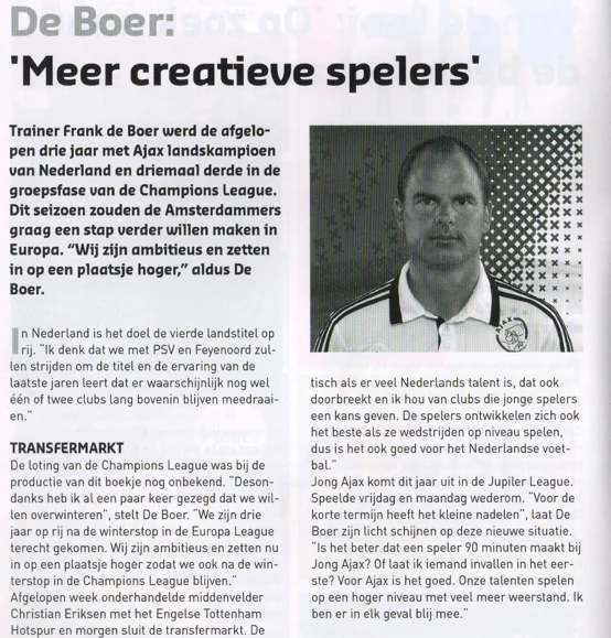 Frank de Boer column mentioning Christian Eriksen scan from FC Groningen programme 2013