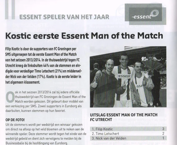 Filip Kostic Man of the Match announcement scan from FC Groningen programme 2013